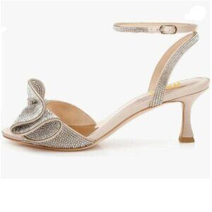 Milooey Gold Glitter Rhinestone Bow Heeled Sandal Crystal Ankle Strap Shoes